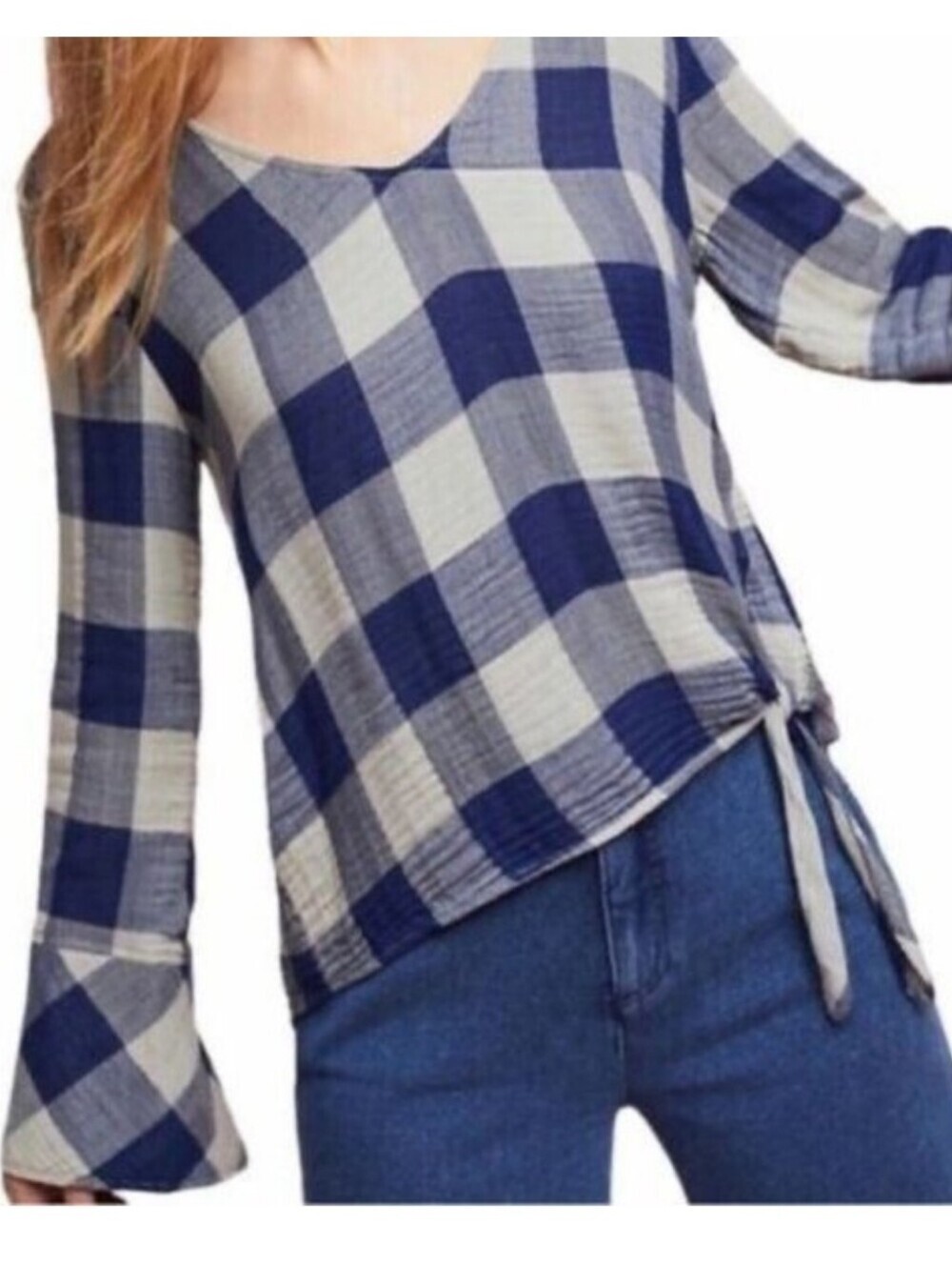 Anthropologie Cloth & Stone Navy and Grey Plaid Tie-Front V-Neck Tunic Medium